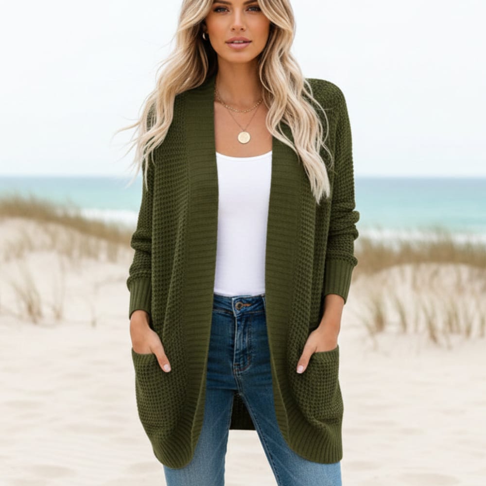 Women’s Waffle Knit Open-Front Cocoon Cardigan with Pockets