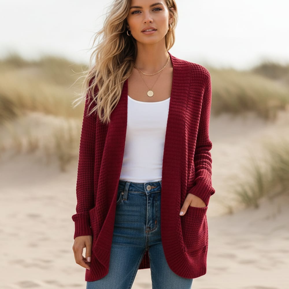 Women’s Waffle Knit Open-Front Cocoon Cardigan with Pockets