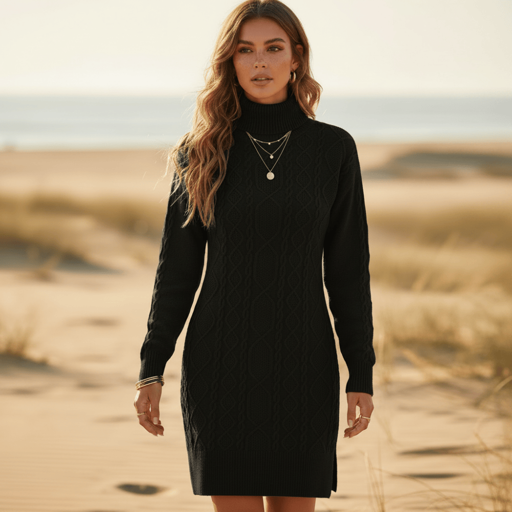 Women’s Cable Knit Turtleneck Sweater Dress with Side Slit