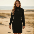 Women’s Cable Knit Turtleneck Sweater Dress with Side Slit