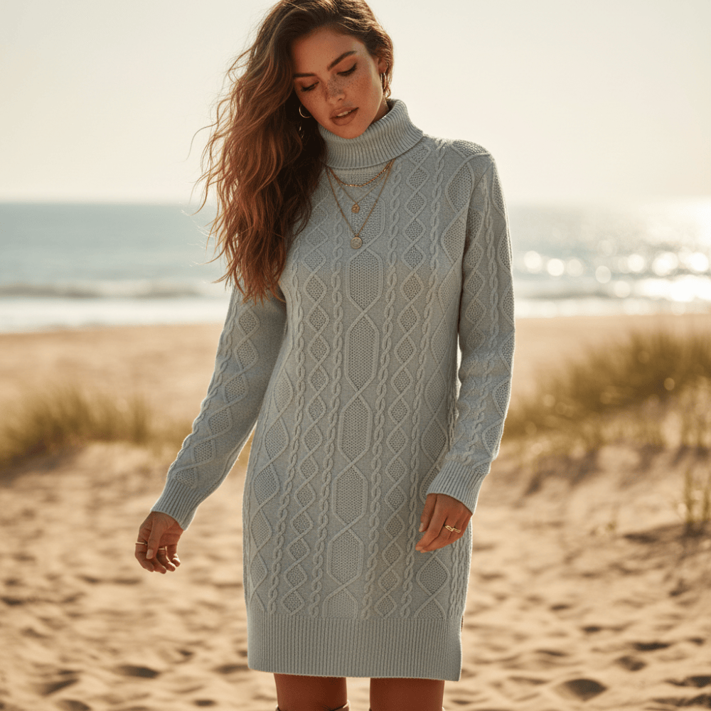 Women’s Cable Knit Turtleneck Sweater Dress with Side Slit
