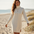 Women’s Cable Knit Turtleneck Sweater Dress with Side Slit