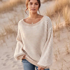 Women’s Striped Knit Off-Shoulder Boat Neck Sweater