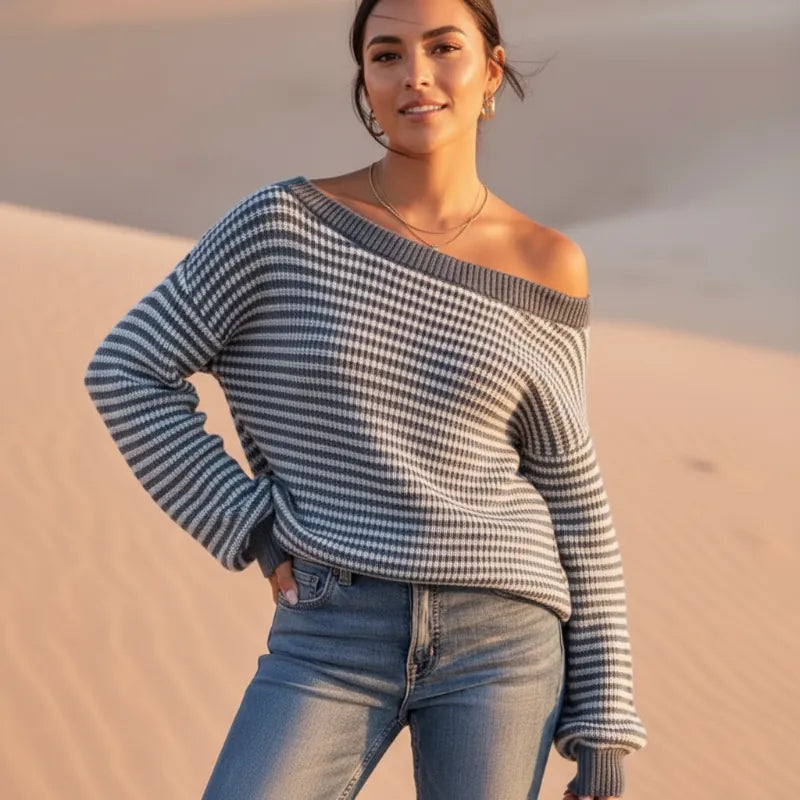 Women’s Striped Knit Off-Shoulder Boat Neck Sweater