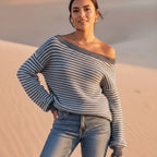 Women’s Striped Knit Off-Shoulder Boat Neck Sweater