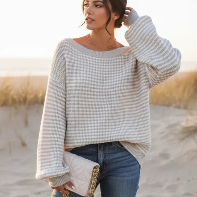 Women’s Striped Knit Off-Shoulder Boat Neck Sweater