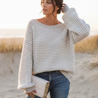 Women’s Striped Knit Off-Shoulder Boat Neck Sweater