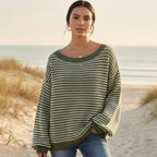 Women’s Striped Knit Off-Shoulder Boat Neck Sweater