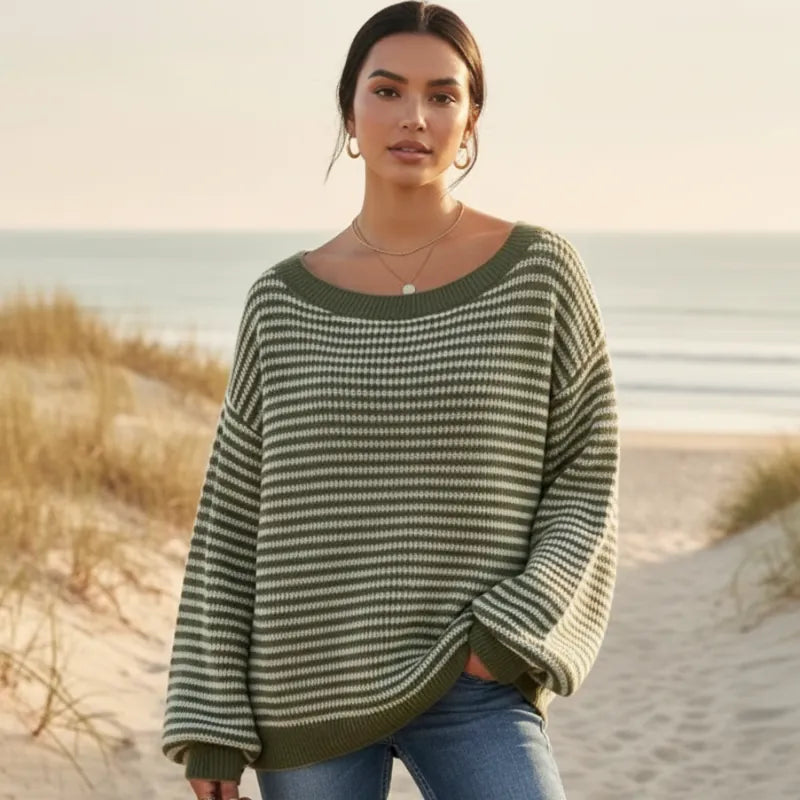 Women’s Striped Knit Off-Shoulder Boat Neck Sweater