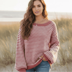 Women’s Striped Knit Off-Shoulder Boat Neck Sweater