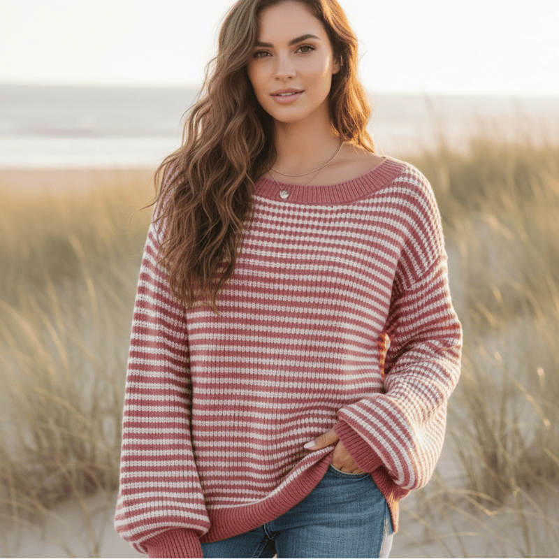 Women’s Striped Knit Off-Shoulder Boat Neck Sweater