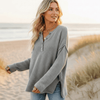 Women’s Textured Knit Henley Sweater with Side Slits