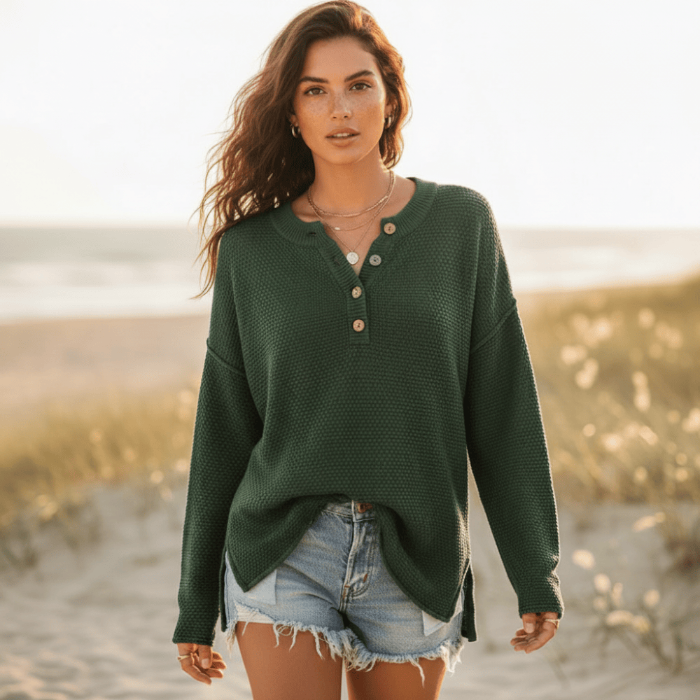 Women’s Textured Knit Henley Sweater with Side Slits