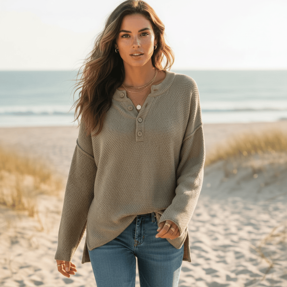 Women’s Textured Knit Henley Sweater with Side Slits