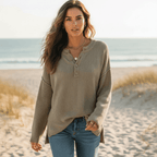 Women’s Textured Knit Henley Sweater with Side Slits