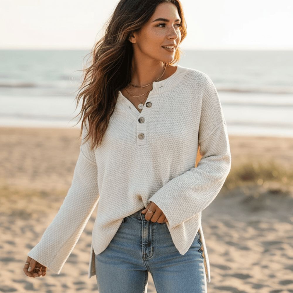 Women’s Textured Knit Henley Sweater with Side Slits