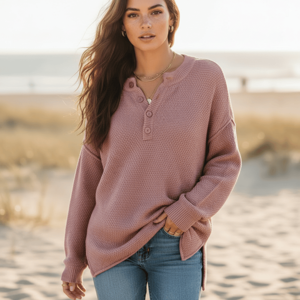 Women’s Textured Knit Henley Sweater with Side Slits