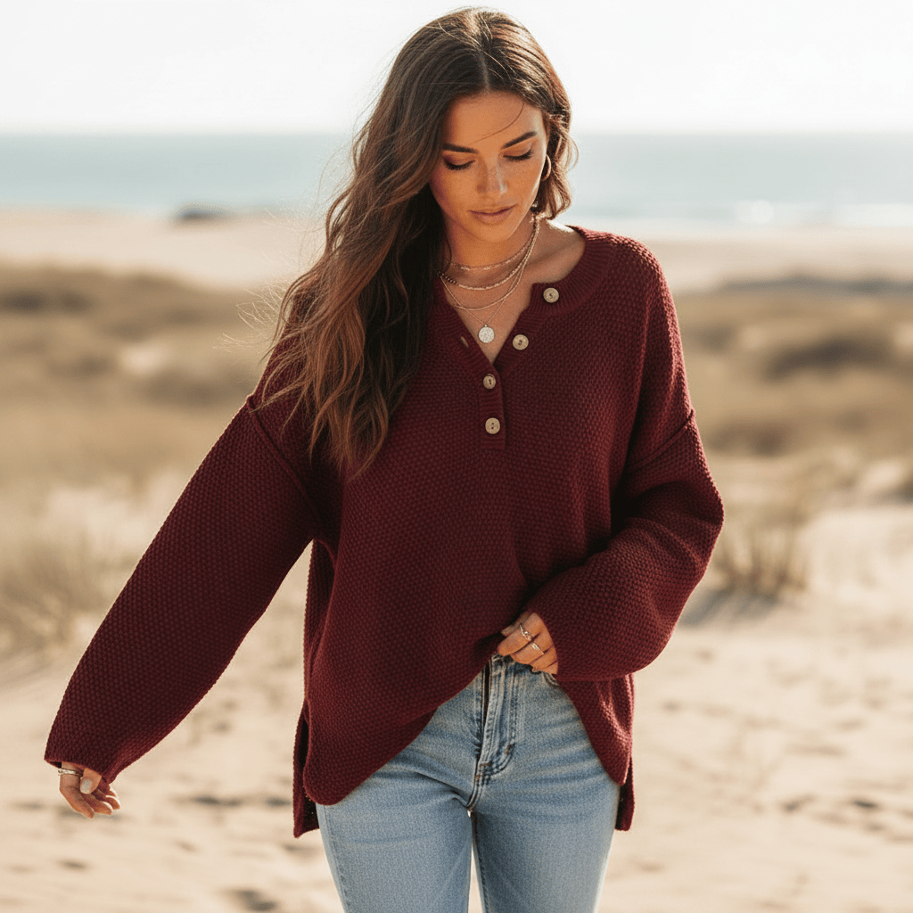 Women’s Textured Knit Henley Sweater with Side Slits