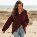 Women’s Textured Knit Henley Sweater with Side Slits