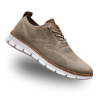 Knit lace-up walking shoe with a round toe, contrast trim and flat cut-out sole