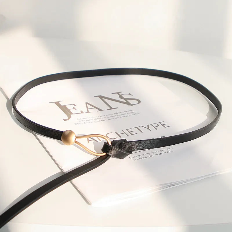 Women’s Skinny Leather-Look Waist Belt with Metallic Hook Buckle
