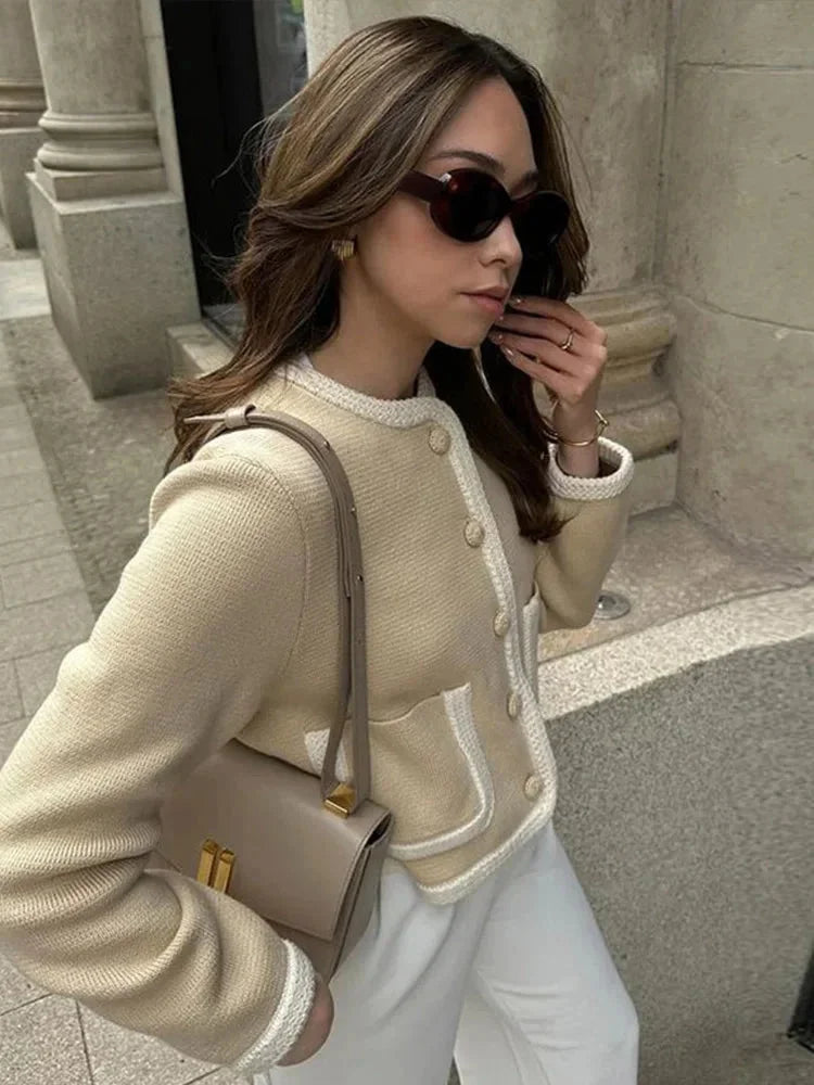 Women's Contrast Trim Button-Front Tweed-Style Jacket