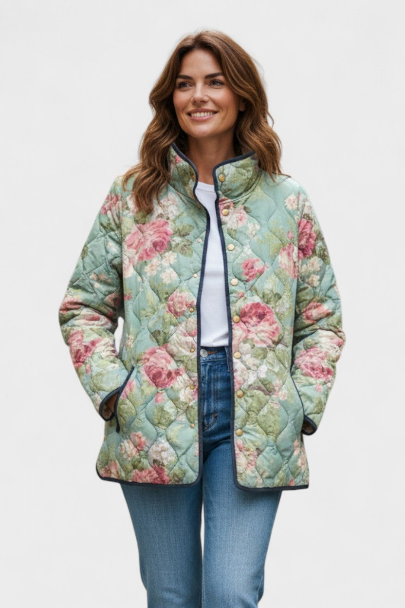 Women's Floral Patchwork Quilted Jacket with Stand Collar