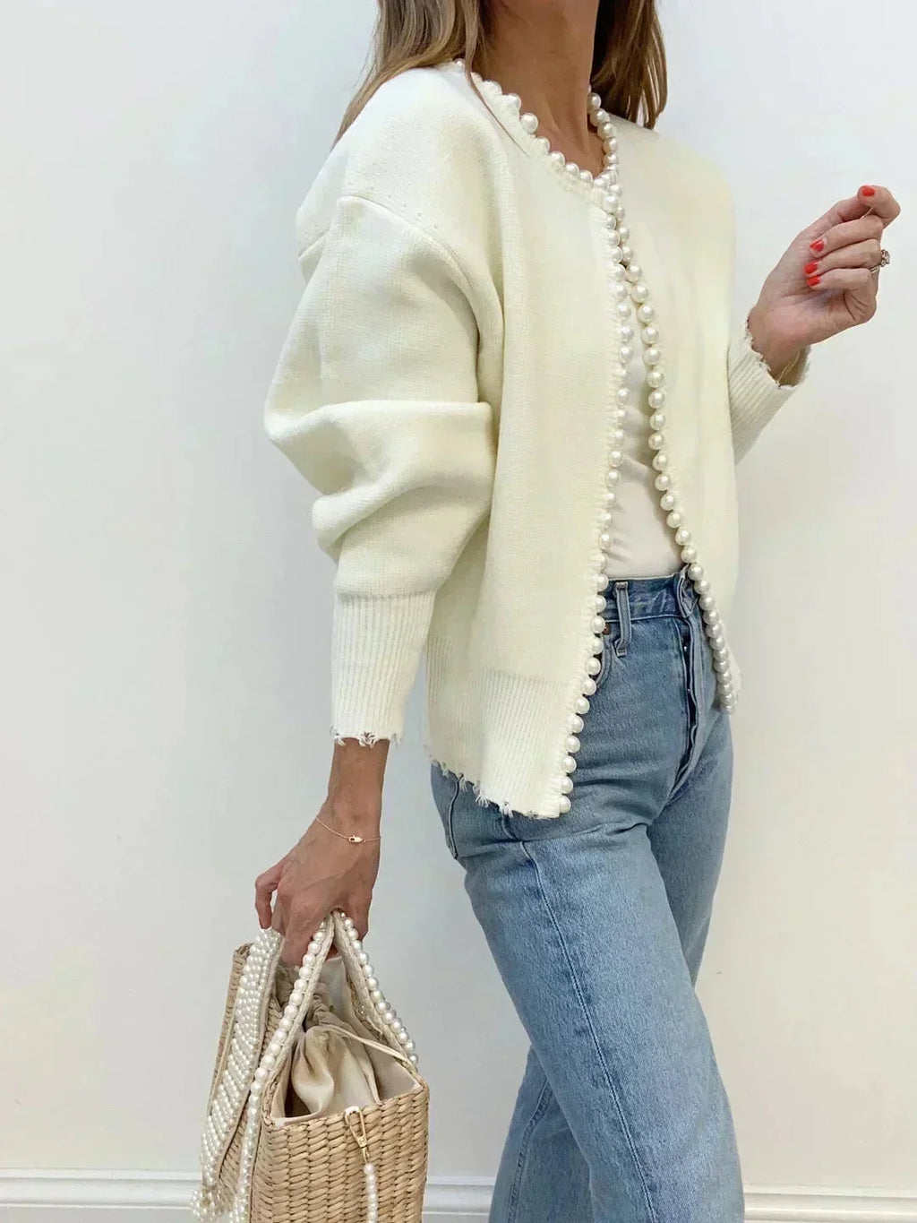 Women's Pearl Trim Open-Front Knit Cardigan