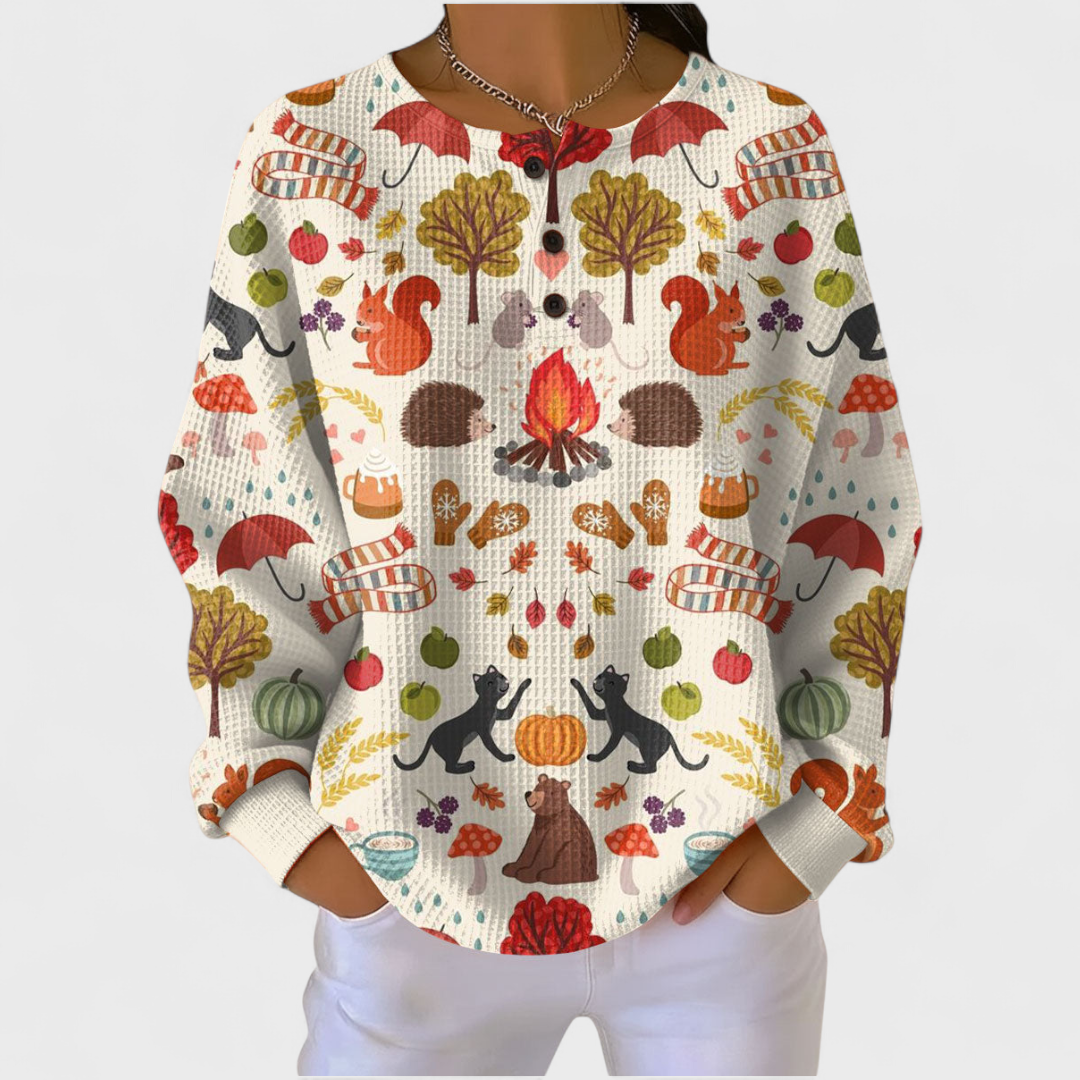 Women's Christmas Print Waffle Knit Long Sleeve Henley Top