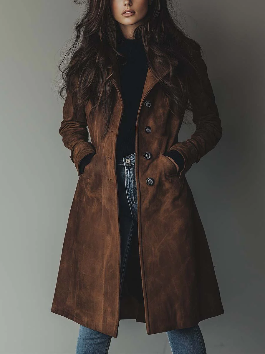 Women’s Faux Suede Single-Breasted Longline Coat