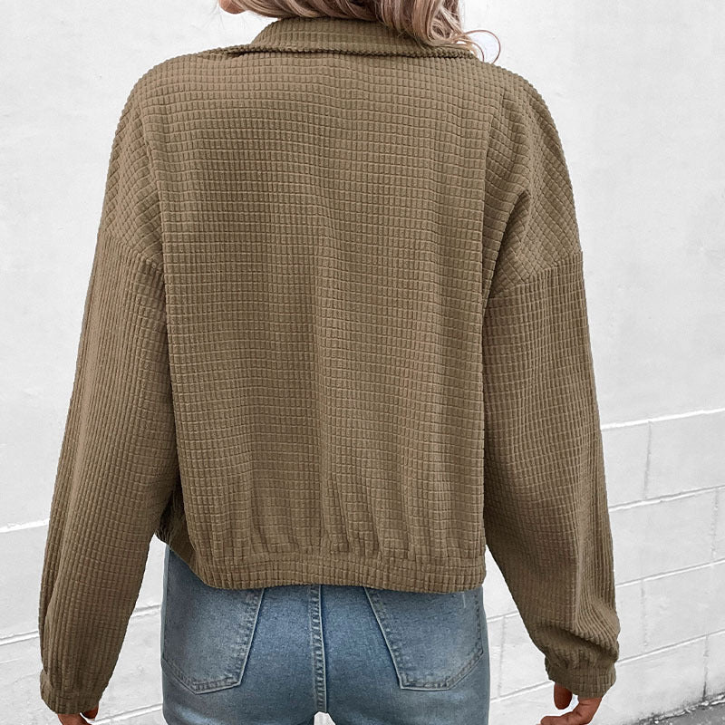Women's Waffle Knit Snap-Button Stand Collar Jacket