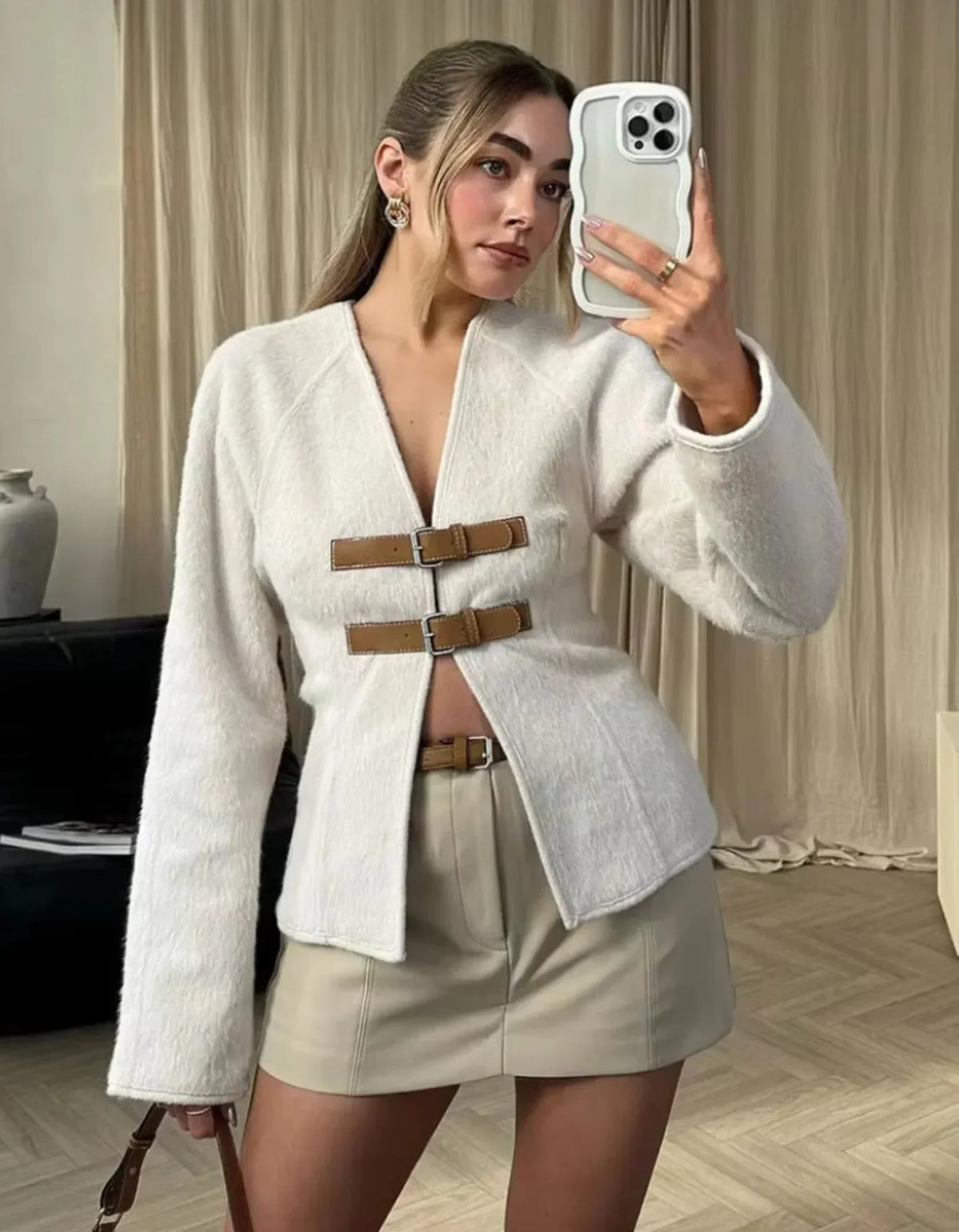Women's Textured Buckle Front Cropped Jacket