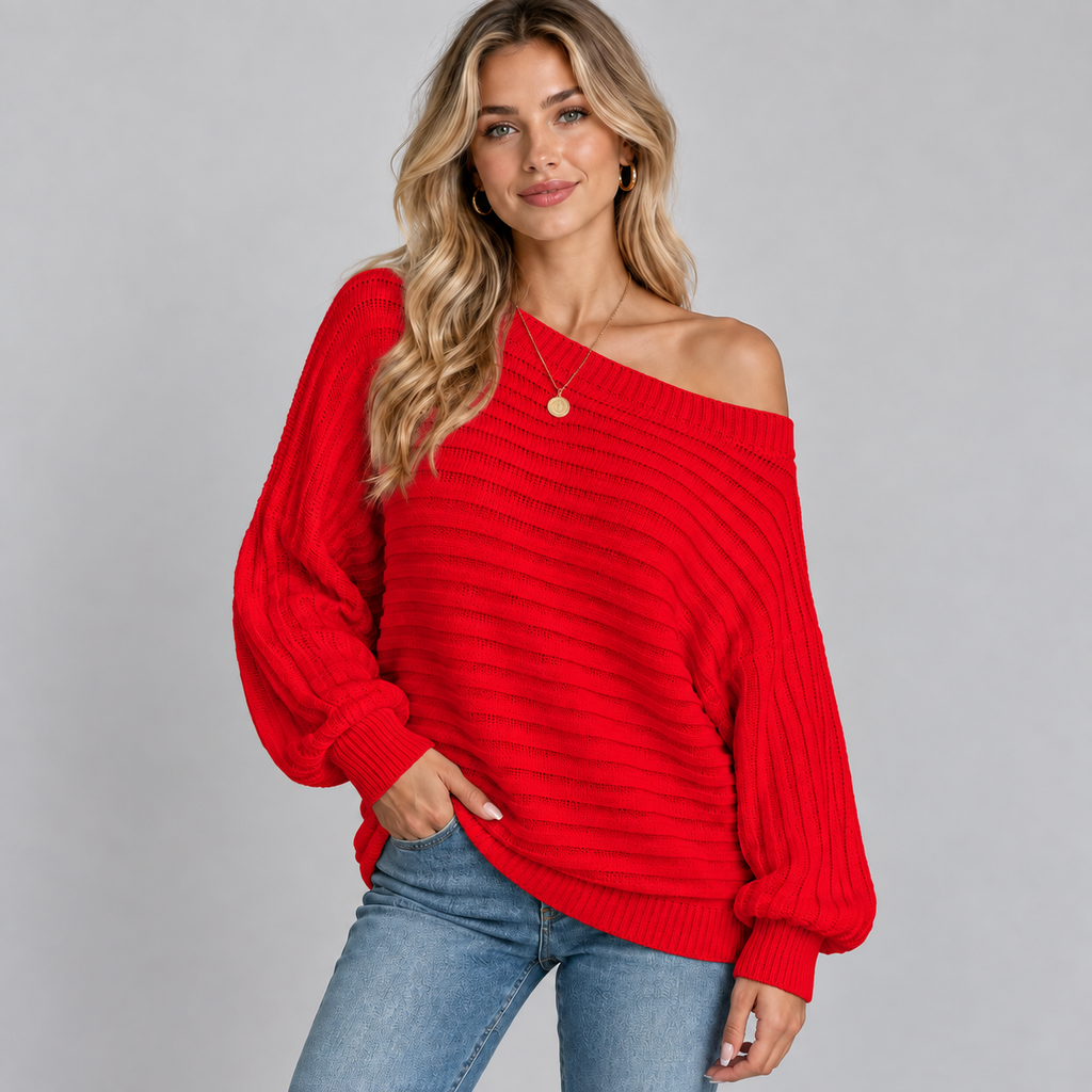 Women's Off-Shoulder Ribbed Knit Batwing Sweater