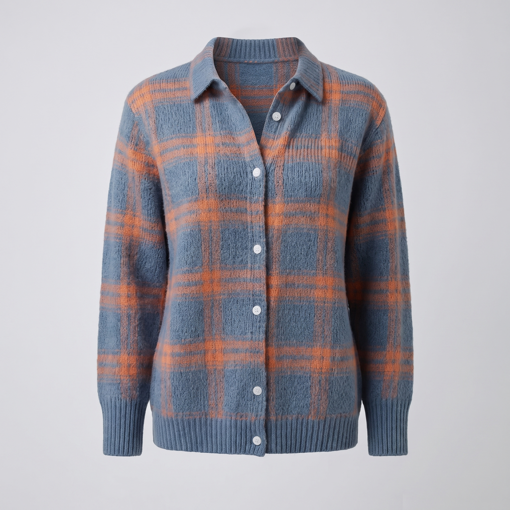 Women’s Collared Plaid Knit Cardigan with Button Front