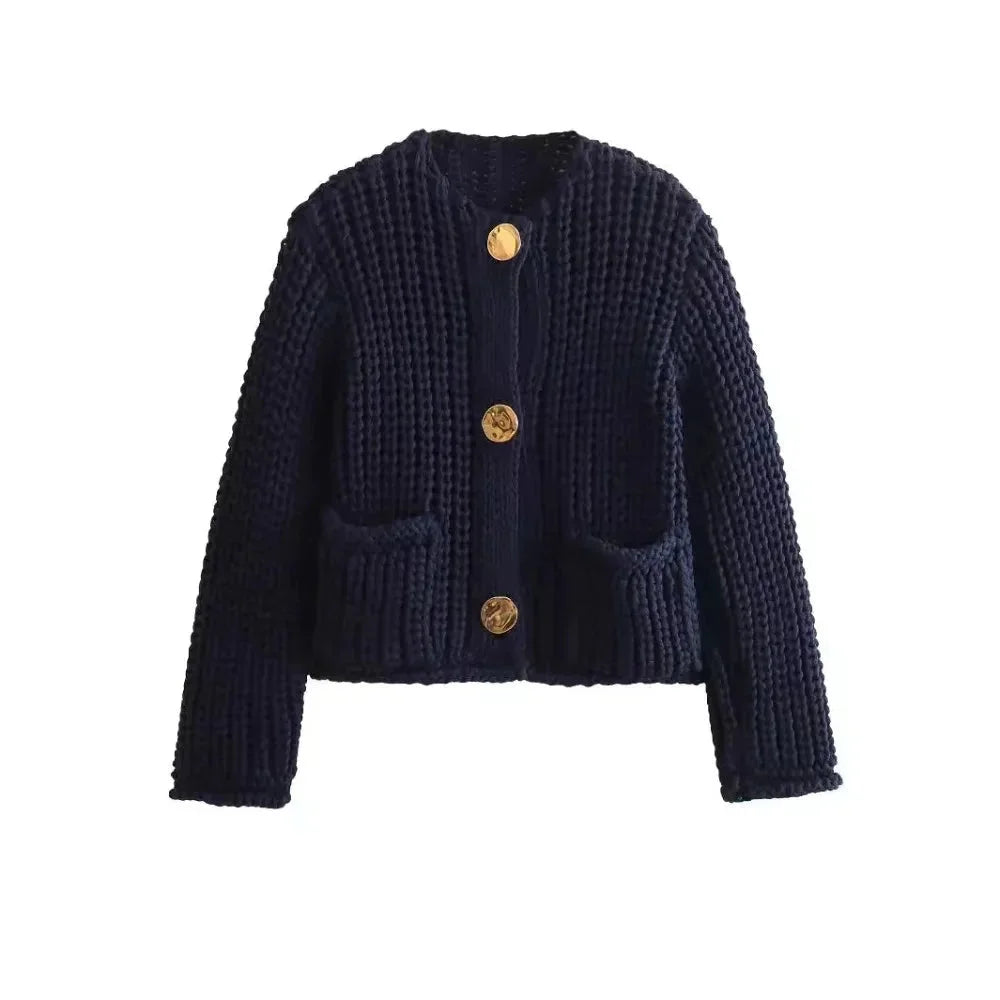 Women's Chunky Knit Gold Button Cropped Cardigan