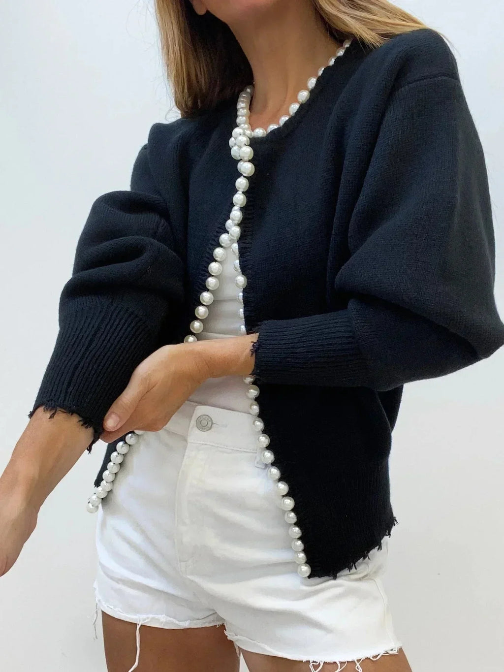Women's Pearl Trim Open-Front Knit Cardigan