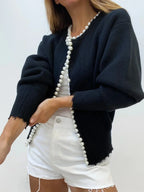Women's Pearl Trim Open-Front Knit Cardigan