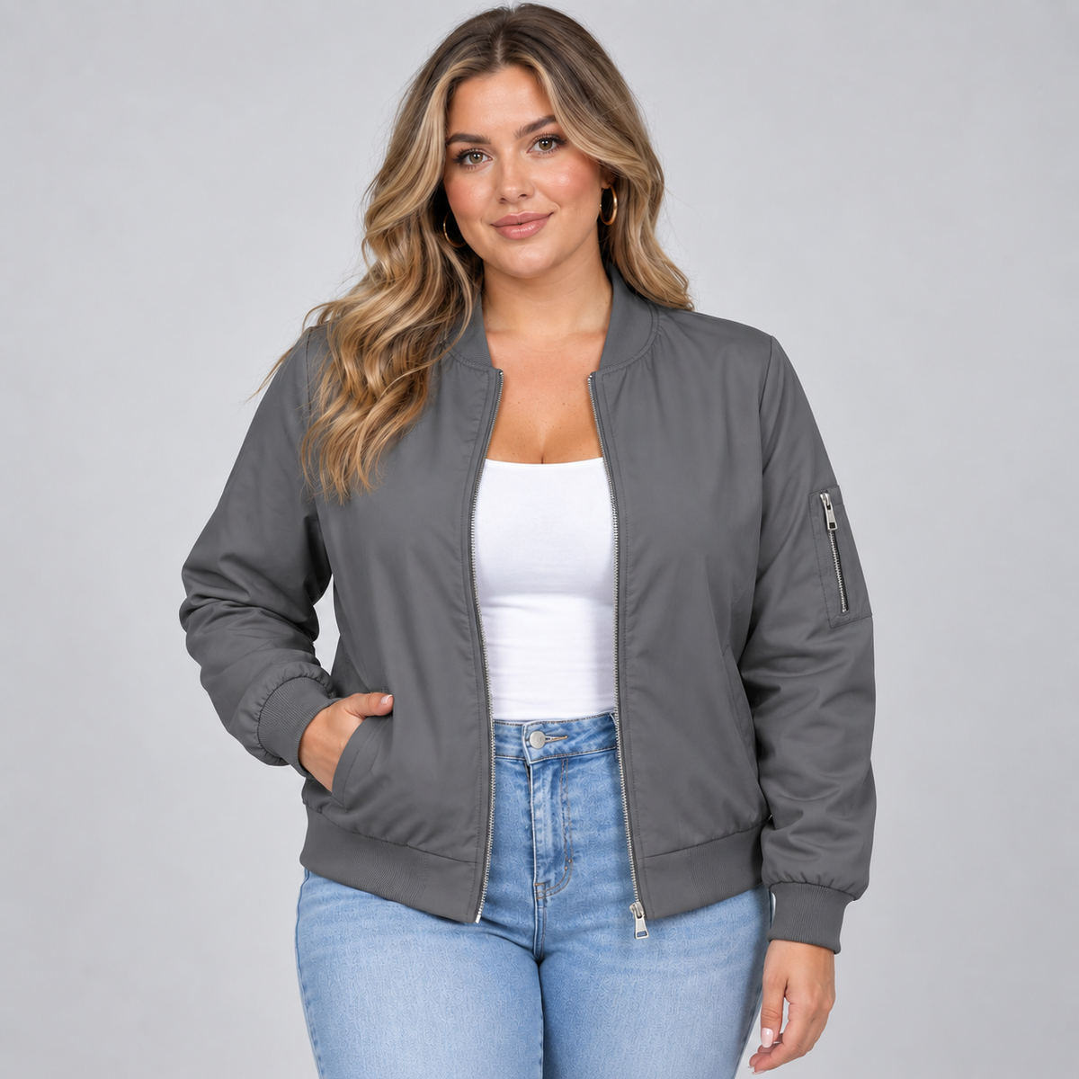 Women's Lightweight Bomber Jacket with Utility Sleeve Pocket