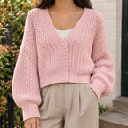 Women’s Chunky Knit Cropped V-Neck Button Cardigan