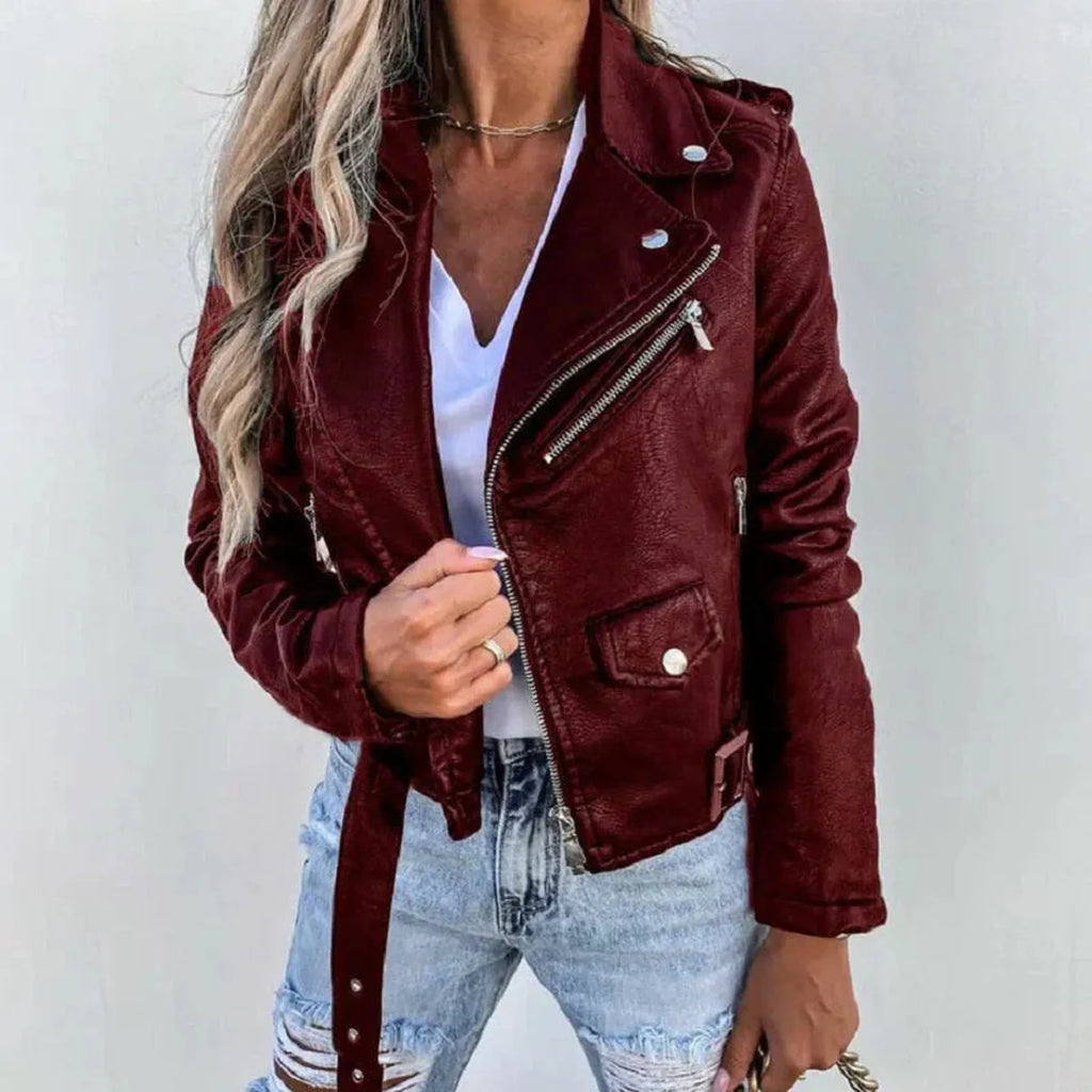Women’s Belted Faux Leather Biker Jacket with Asymmetric Zip
