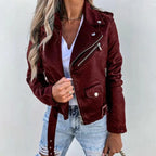 Women’s Belted Faux Leather Biker Jacket with Asymmetric Zip