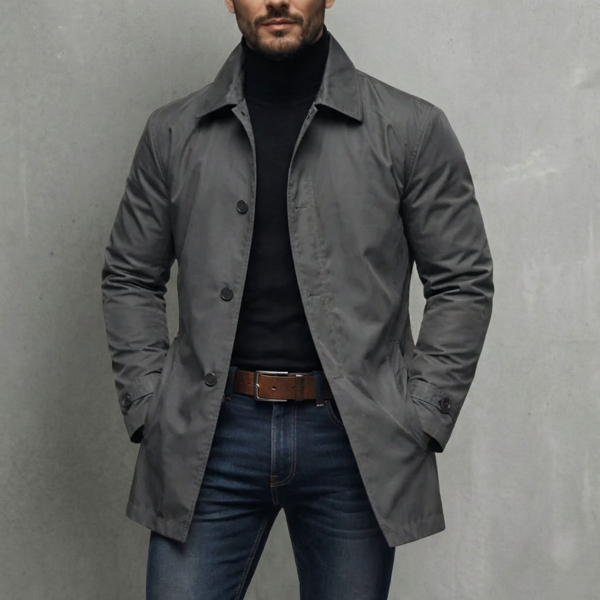 Men's Longline Button-Front Trench Style Coat