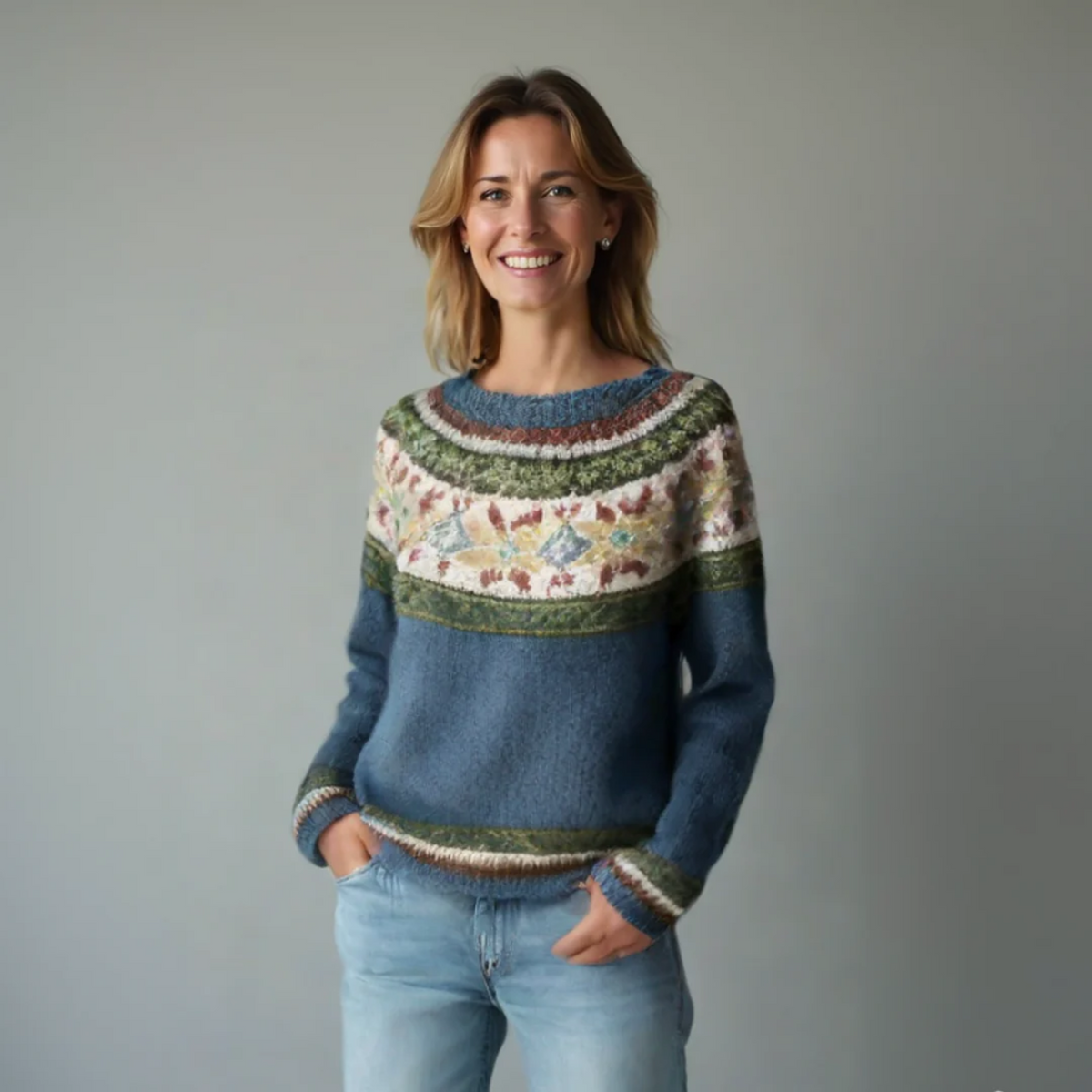 Women's Fair Isle Yoke Knit Round Neck Sweater