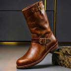 Vintage mid-calf boots with round toes, slouch shafts and buckle straps