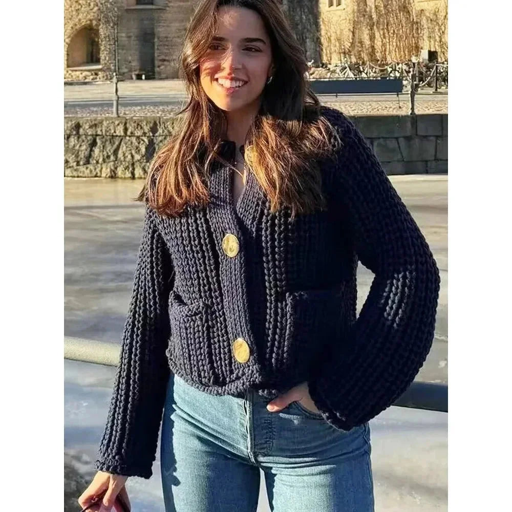 Women's Chunky Knit Gold Button Cropped Cardigan