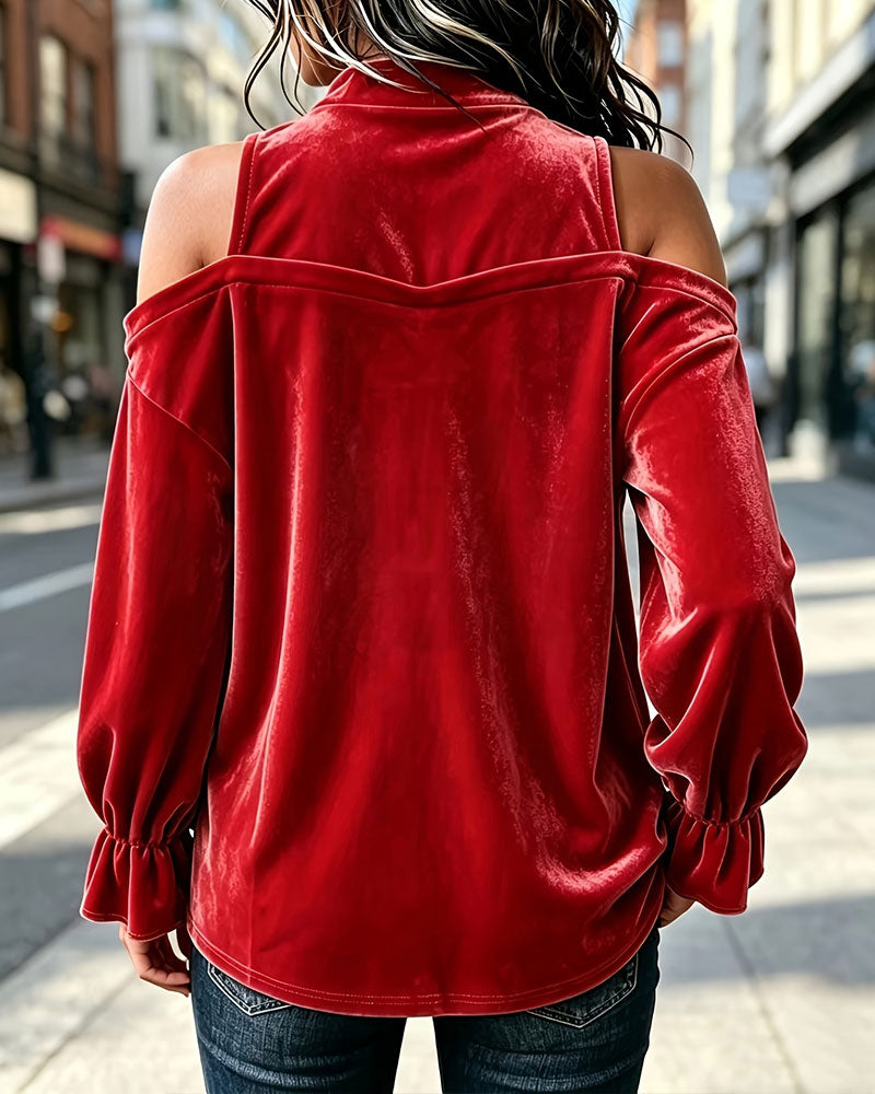 Women’s Velvet Cold Shoulder Mock Neck Top
