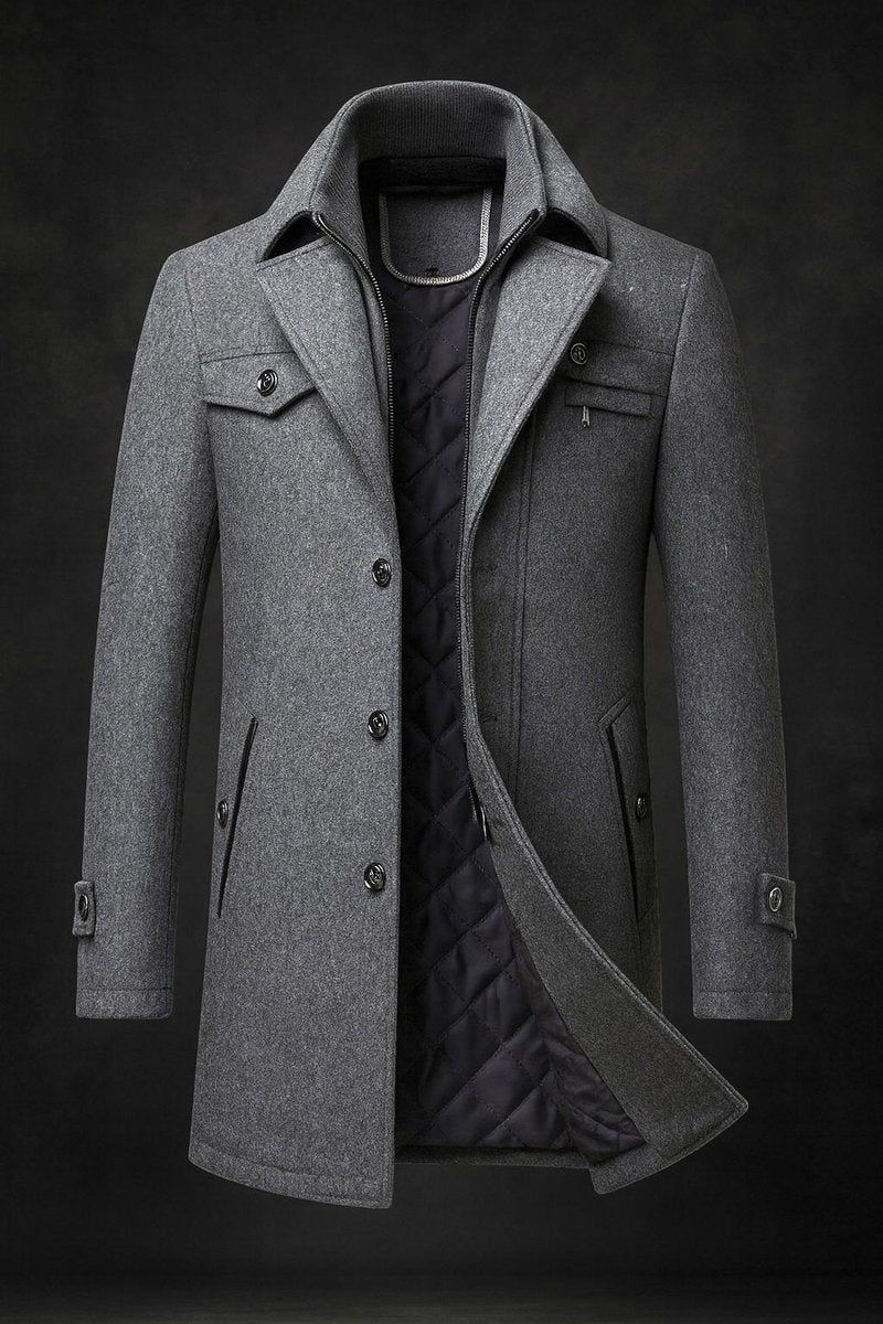 Men's Double Collar Quilted Lined Tailored Overcoat