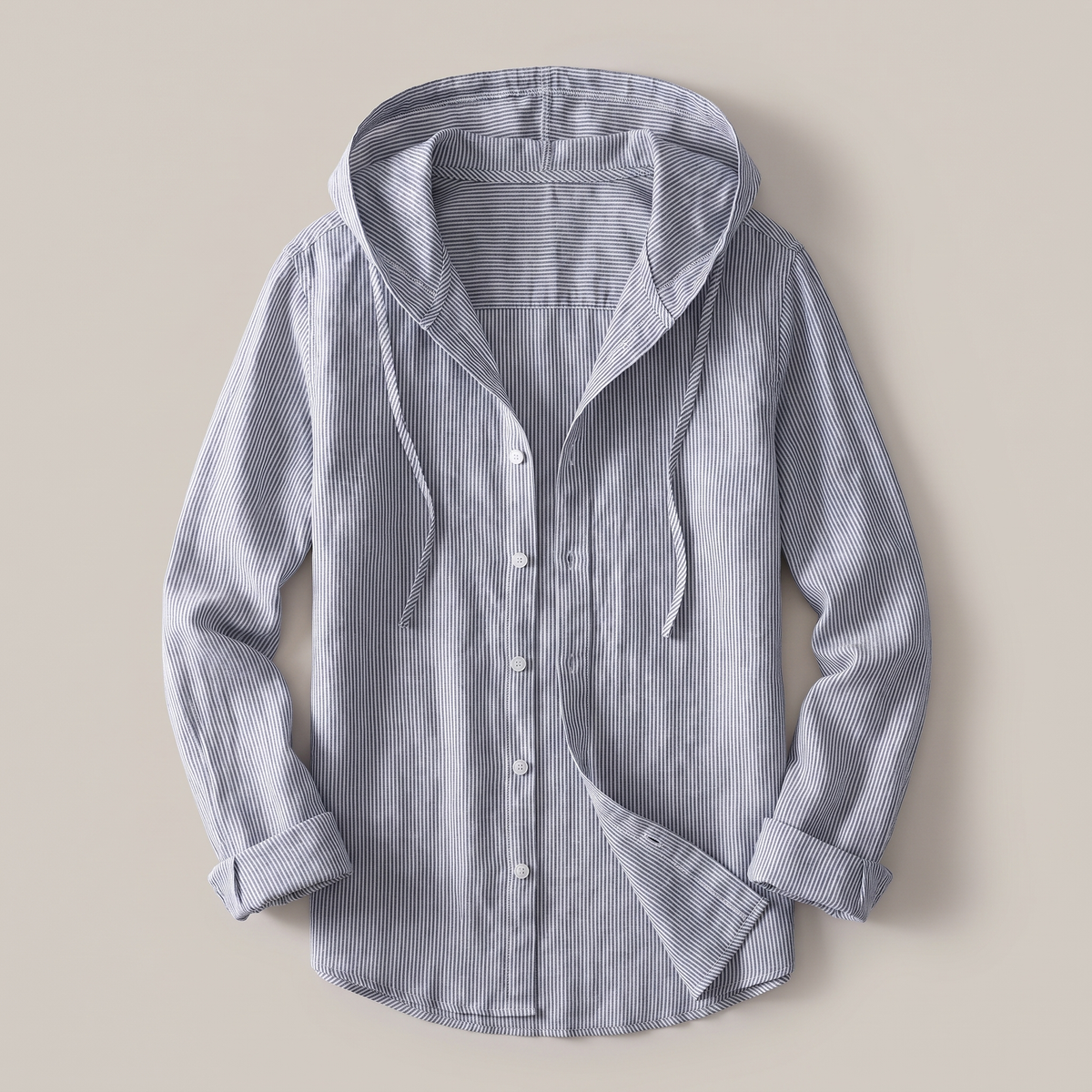 Men’s Striped Hooded Button-Up Shirt with Drawstring