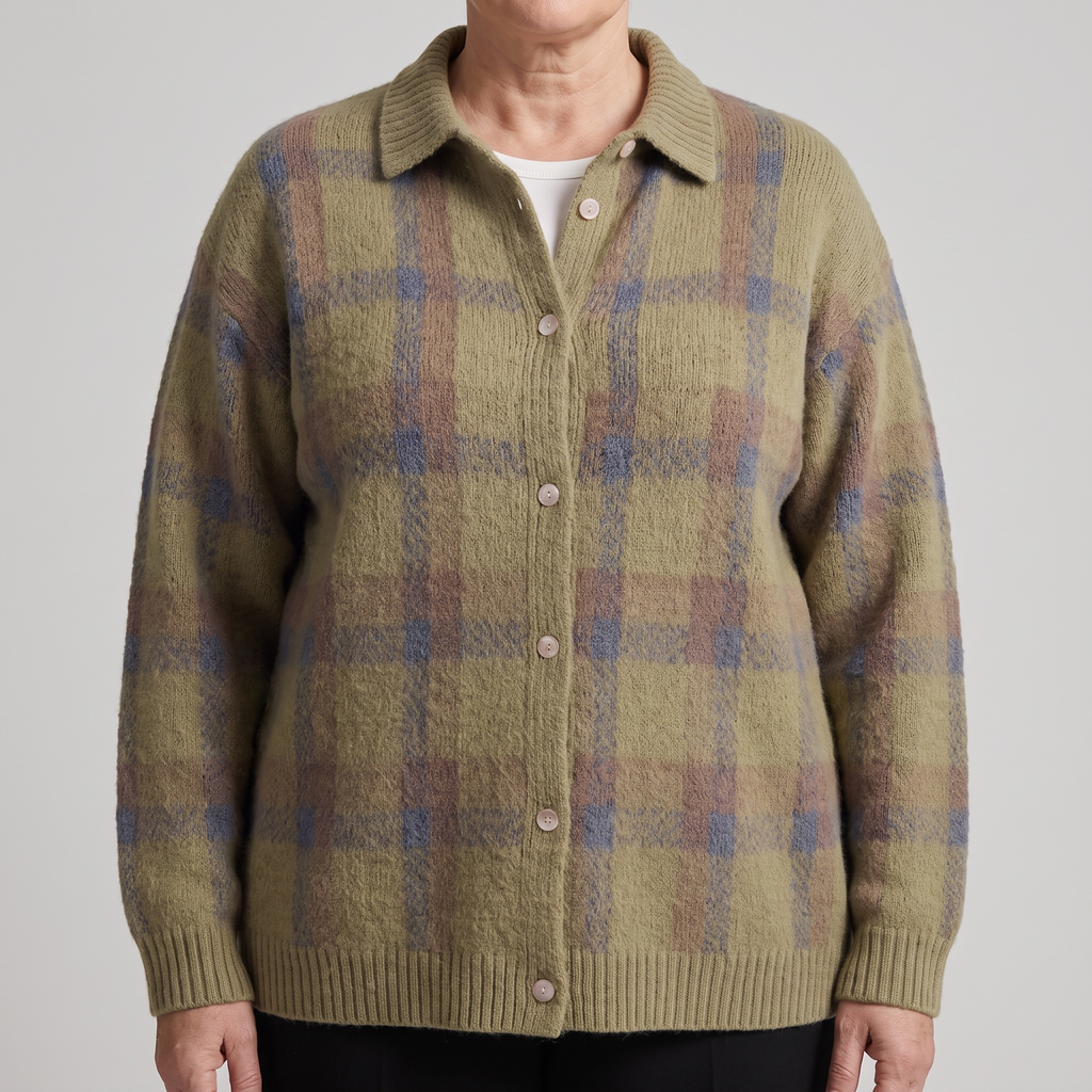 Women’s Collared Plaid Knit Cardigan with Button Front