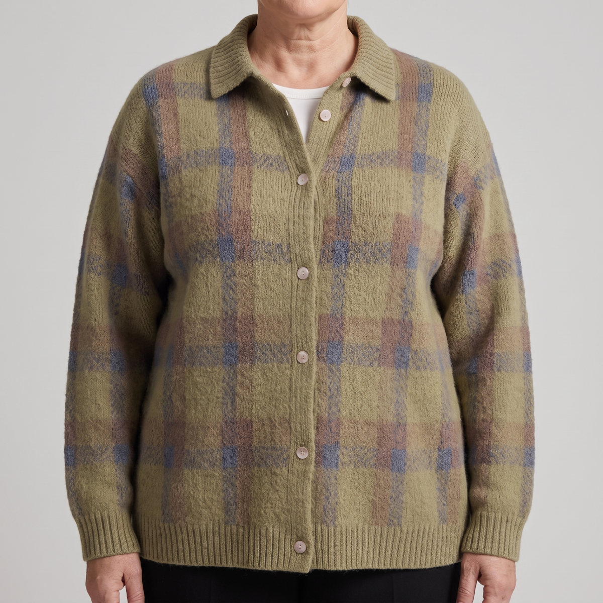 Women’s Collared Plaid Knit Cardigan with Button Front